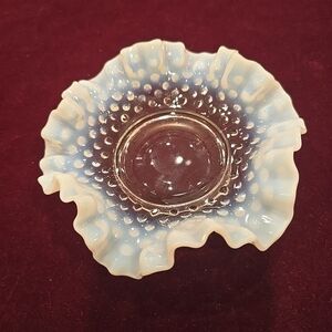 Milk and Clear Glass Hobnail Ruffled Fluted Edge Candy Nut Trinket Dish Bowl 6"